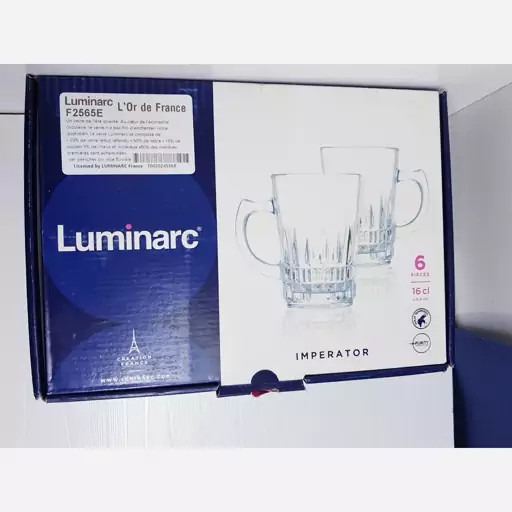 استکان دسته دار لومینارک مدل امپراطور اصلی ساخت امارات دست 6 عددی سری گلد فرنس F2565 LUMINARC IMPERATOR